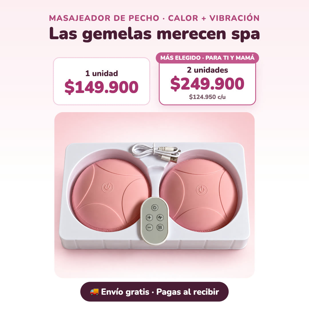 Masajeador de pecho con calor y vibración, 1 unidad $149.900, 2 unidades $249.900