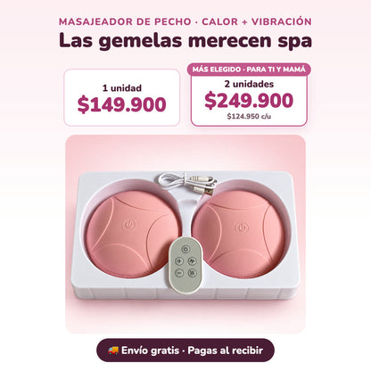 Masajeador de pecho con calor y vibración, 1 unidad $149.900, 2 unidades $249.900